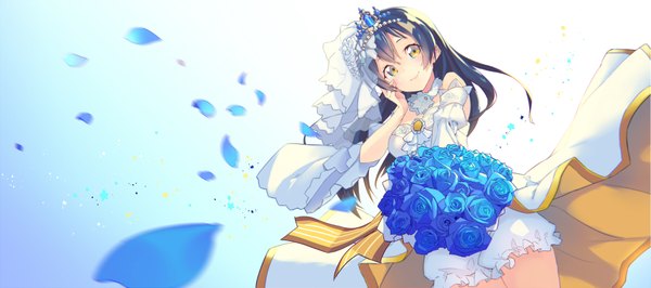 Anime picture 1800x800 with love live! school idol project sunrise (studio) love live! sonoda umi yoo (tabi no shiori) single long hair highres light erotic black hair smile wide image yellow eyes outstretched arm hand on cheek girl dress flower (flowers) detached sleeves petals