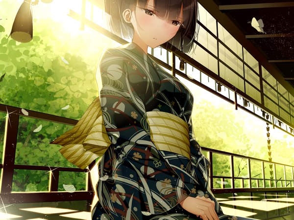 Anime picture 1600x1200 with original atha (leejuiping) single short hair black hair sitting brown eyes indoors traditional clothes japanese clothes sunlight wide sleeves sparkle looking down expressionless hands clasped seiza architecture east asian architecture girl