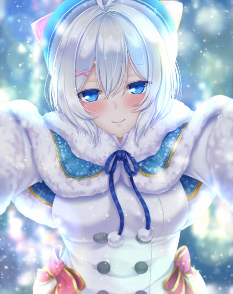 Anime picture 1500x1890 with virtual youtuber .live dennou shoujo siro aru gunsou single tall image looking at viewer blush fringe short hair breasts open mouth blue eyes hair between eyes large breasts silver hair light smile fur trim lens flare snowing