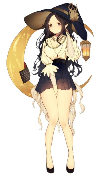 Anime picture 915x1525 with original kitada mo single long hair tall image looking at viewer black hair simple background white background pointy ears grey eyes witch crescent transparent covering crotch girl skirt underwear panties hat