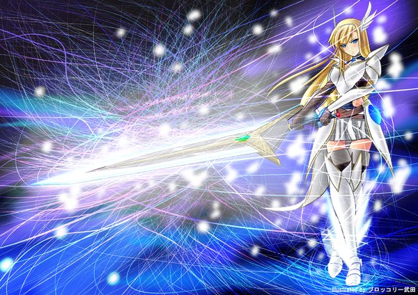 Anime picture 1403x992 with original aki (broccoli-t) single long hair looking at viewer blush blue eyes blonde hair magic girl gloves hair ornament elbow gloves armor thigh boots huge weapon huge sword
