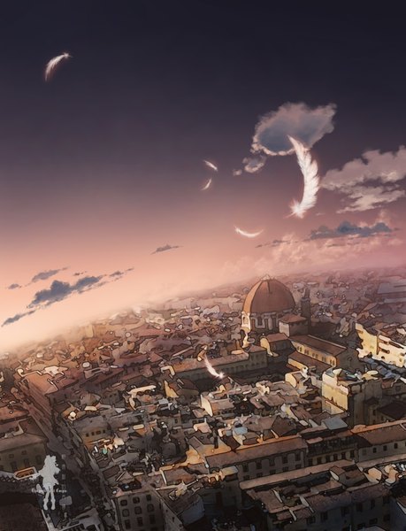 Anime picture 3410x4456 with original ame (pixiv) tall image highres absurdres sky cloud (clouds) from above city cityscape no people building (buildings) feather (feathers) roof