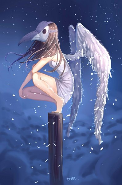 Anime picture 697x1053 with original deer (deer423-81) single long hair tall image breasts brown hair signed bent knee (knees) barefoot bare legs legs squat white wings girl dress wings mask sundress