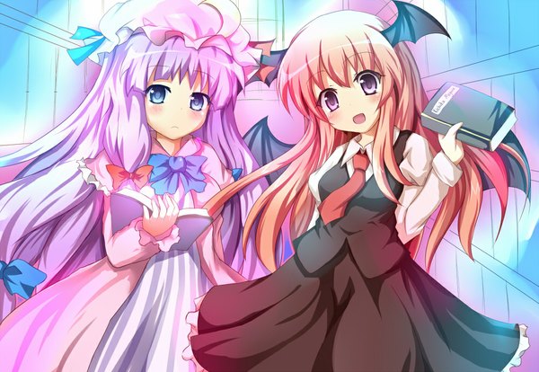 Anime picture 1000x690 with touhou patchouli knowledge koakuma kano-bi long hair looking at viewer blush open mouth purple eyes multiple girls purple hair red hair bat wings head wings girl dress skirt 2 girls wings necktie