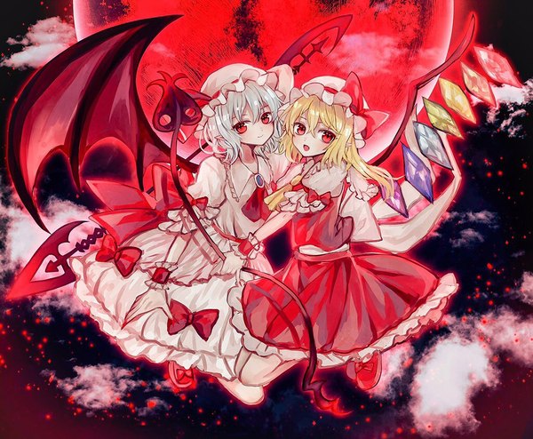 Anime picture 1024x844 with touhou flandre scarlet remilia scarlet abandon ranka looking at viewer blush short hair open mouth blonde hair red eyes multiple girls silver hair bent knee (knees) night night sky side ponytail siblings bat wings sisters red moon