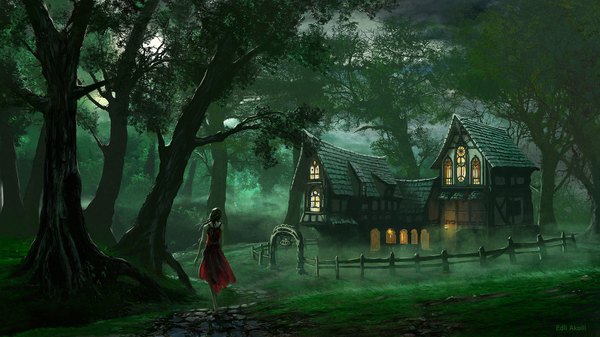 Anime picture 1920x1080 with edli (artist) single highres black hair wide image from behind girl dress plant (plants) tree (trees) building (buildings) red dress forest fence house path