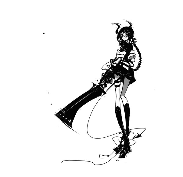 Anime picture 1654x1600 with original kiku (kicdoc) single long hair looking at viewer black hair simple background white background braid (braids) looking back horn (horns) black eyes single braid monochrome walking twisty sleeves girl ribbon (ribbons) weapon hair ribbon