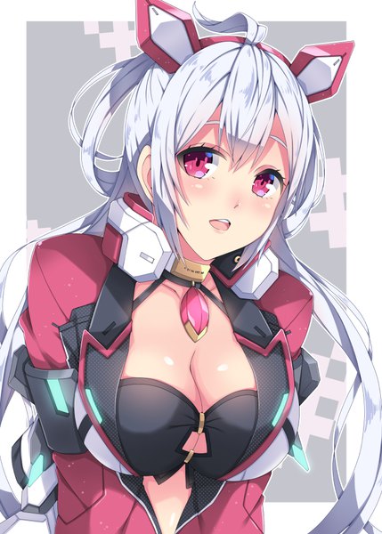 Anime picture 715x1000 with phantasy star phantasy star online 2 sega matoi (pso2) milkpanda single long hair tall image looking at viewer blush breasts open mouth red eyes cleavage silver hair ahoge girl hair ornament suit
