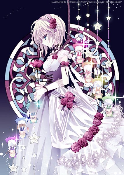 Anime picture 709x1001 with touhou alice margatroid shanghai hourai blue hallelujah tall image fringe short hair blue eyes standing holding eyes closed profile one eye closed wink maid alternate costume upside down girl dress