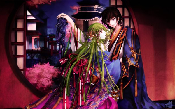 Anime picture 2560x1600 with code geass sunrise (studio) c.c. lelouch lamperouge fringe highres short hair brown hair wide image very long hair green hair couple girl boy
