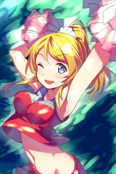 Anime picture 850x1276 with love live! school idol project sunrise (studio) love live! ayase eli ytk (yutta-p) single tall image looking at viewer open mouth blue eyes light erotic blonde hair smile ponytail one eye closed wink arms up armpit (armpits) midriff cheerleader