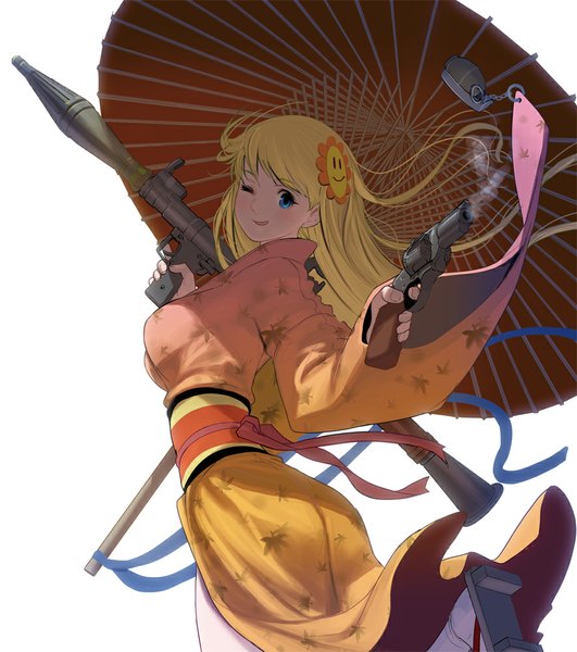 Anime picture 886x1000 with original masao single long hair tall image looking at viewer blush blue eyes blonde hair white background traditional clothes japanese clothes one eye closed wink wide sleeves leg up girl hair ornament ribbon (ribbons) weapon