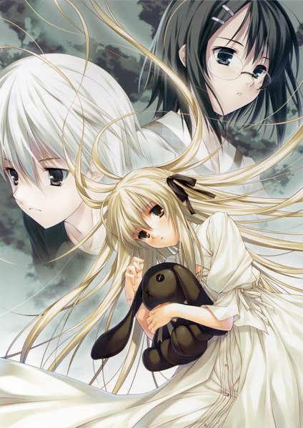 Anime picture 4281x6063 with yosuga no sora kasugano sora kasugano haruka yorihime nao long hair tall image looking at viewer highres short hair black hair multiple girls brown eyes looking away absurdres white hair very long hair black eyes loli looking down girl