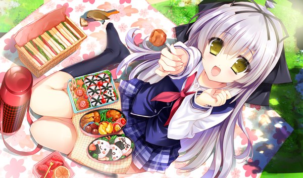 Anime picture 1700x1000 with shoujo shin'iki takagi sana youta single long hair looking at viewer blush fringe open mouth smile hair between eyes wide image yellow eyes game cg silver hair full body from above no shoes plaid skirt outstretched hand