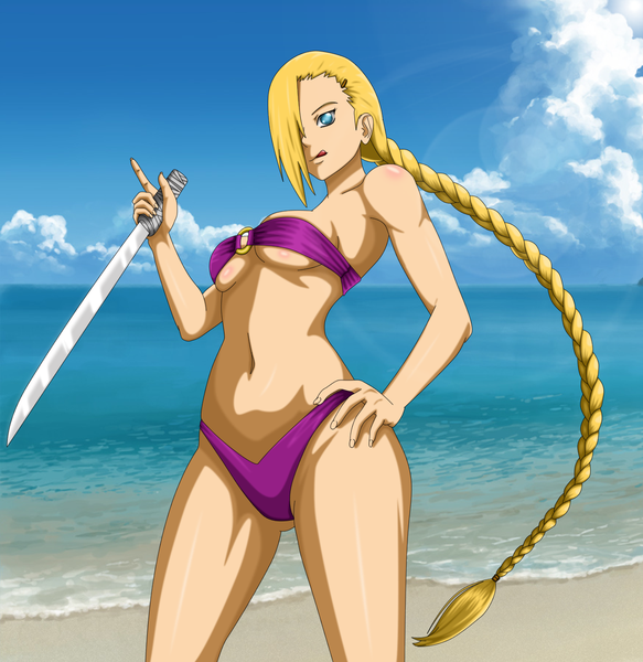 Anime picture 1278x1315 with naruto studio pierrot naruto (series) yamanaka ino flowerinhell single long hair tall image fringe breasts light erotic blonde hair standing bare shoulders sky cloud (clouds) aqua eyes hair over one eye midriff beach
