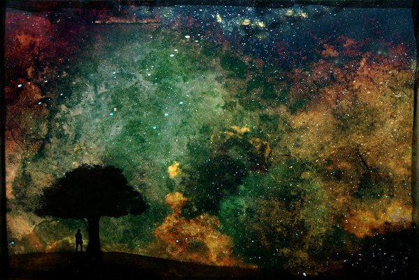 Anime picture 1000x671 with original simainu single standing cloud (clouds) night night sky silhouette boy plant (plants) tree (trees) star (stars)