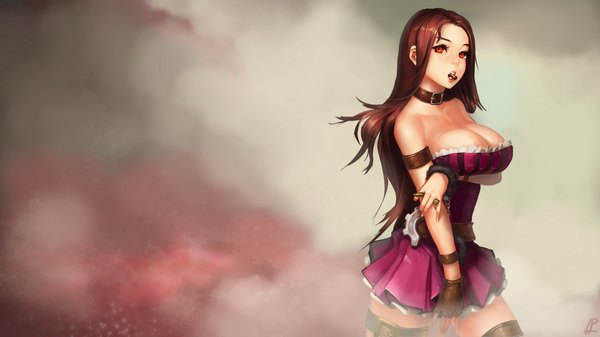 Anime picture 1920x1080 with league of legends caitlyn (league of legends) instant-ip single long hair looking at viewer highres breasts light erotic red eyes brown hair wide image large breasts wallpaper girl belt fingerless gloves single glove handcuffs