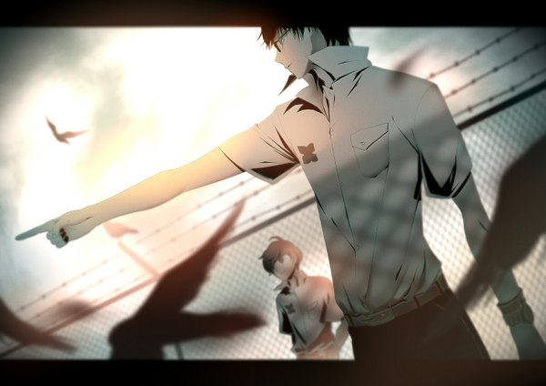 Anime picture 1412x1000 with zankyou no terror mappa twelve nine arkray short hair black hair blonde hair standing looking away sky profile sunlight multiple boys outstretched arm open collar boy uniform school uniform animal