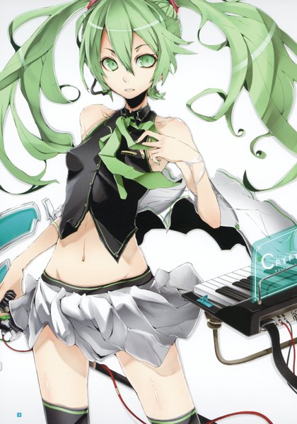 Anime picture 2100x3002 with vocaloid hatsune miku yume koreshiki single long hair tall image highres twintails bare shoulders green eyes nail polish pleated skirt green hair scan girl thighhighs navel black thighhighs miniskirt necktie