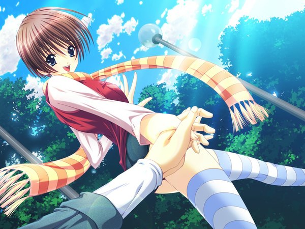 Anime picture 1024x768 with happy harem script (game) short hair open mouth blue eyes brown hair game cg girl thighhighs scarf striped thighhighs