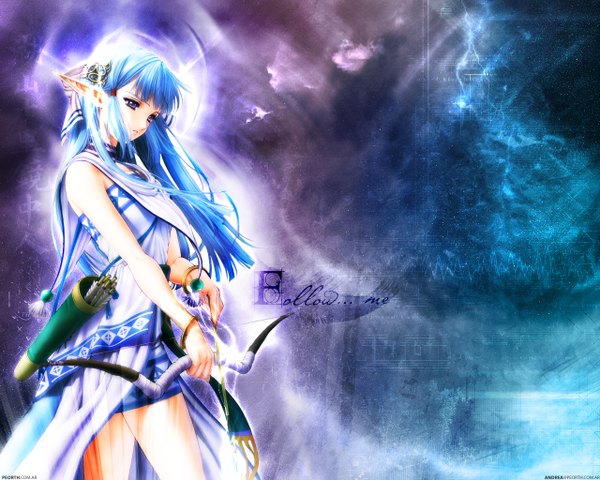 Anime picture 1280x1024 with ys olha (ys) taue shunsuke single long hair open mouth blue eyes bare shoulders signed blue hair pointy ears elf third-party edit archery girl hair ornament weapon bracelet bow (weapon) arrow (arrows)