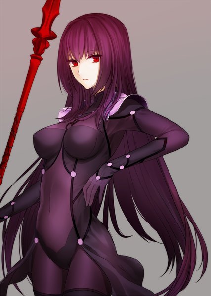 Anime picture 823x1157 with fate (series) fate/grand order scathach (fate) (all) scathach (fate) single tall image looking at viewer breasts light erotic simple background red eyes purple hair grey background girl gloves elbow gloves bodysuit