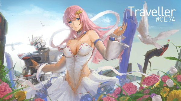 Anime picture 1600x900 with mobile suit gundam gundam seed sunrise (studio) lacus clyne pandea work single long hair looking at viewer fringe breasts blue eyes light erotic wide image large breasts standing bare shoulders pink hair sky cloud (clouds) spread arms