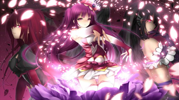 Anime picture 1280x720 with kopianget long hair looking at viewer fringe black hair simple background smile red eyes wide image standing twintails bare shoulders multiple girls pink hair pink eyes looking back hair flower outstretched arm dark background pink background