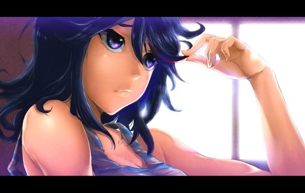 Anime picture 1290x820 with kill la kill studio trigger matoi ryuuko 71 single long hair black hair purple eyes red hair multicolored hair two-tone hair streaked hair letterboxed looking up girl window tank top