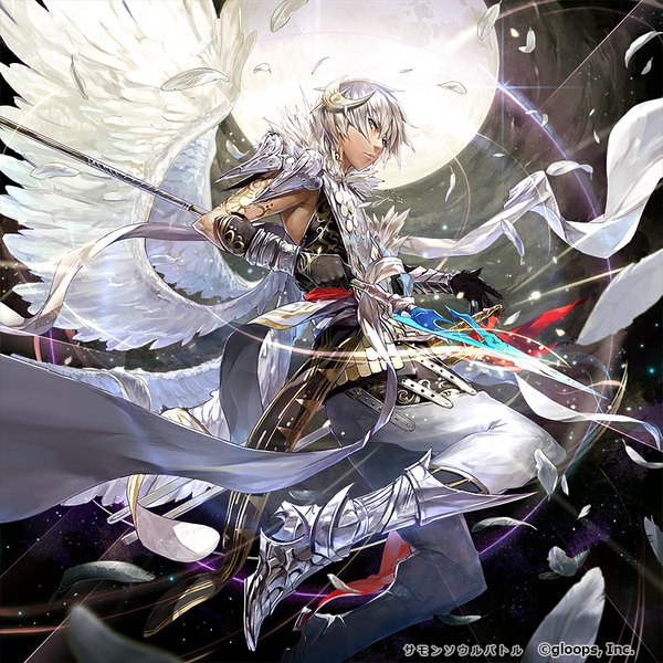 Anime picture 800x800 with original silver (atelier-tengu) single looking at viewer fringe short hair blue eyes holding silver hair ahoge bent knee (knees) profile angel wings jumping white wings angry boy gloves weapon petals