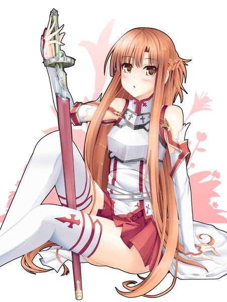 Anime picture 2912x3872 with sword art online a-1 pictures yuuki asuna rayxray long hair tall image blush highres brown hair bare shoulders brown eyes girl thighhighs skirt weapon detached sleeves miniskirt white thighhighs sword