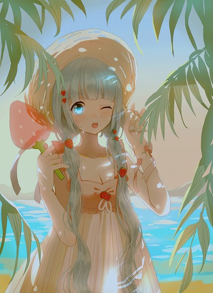 Anime picture 726x1000 with vocaloid hatsune miku miemia single long hair tall image looking at viewer blush fringe open mouth blue eyes twintails holding payot sky cleavage blunt bangs sunlight aqua hair :o