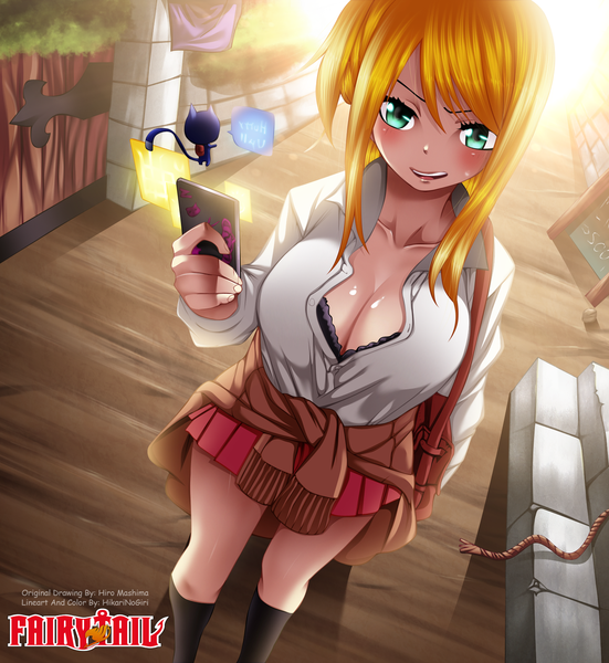 Anime picture 1446x1575 with fairy tail lucy heartfilia happy (fairy tail) hikarinogiri single long hair tall image blush open mouth light erotic blonde hair smile green eyes ponytail pleated skirt sunlight inscription coloring side ponytail girl
