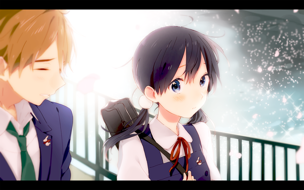 Anime picture 1920x1200 with tamako market kyoto animation kitashirakawa tamako ooji mochizou momose (oqo) long hair blush highres short hair blue eyes black hair brown hair twintails multiple girls eyes closed couple girl uniform 2 girls school uniform