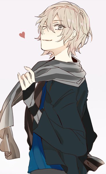 Anime picture 520x854 with uta no prince-sama a-1 pictures mikado nagi shijima tohiro single tall image looking at viewer fringe short hair simple background blonde hair smile hair between eyes upper body one eye closed wink grey background grey eyes boy heart