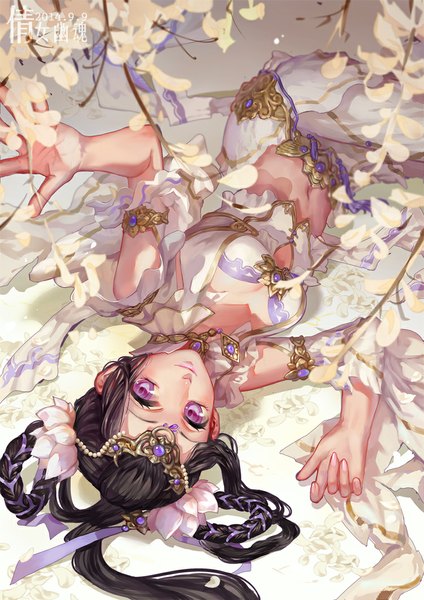 Anime picture 750x1061 with original yunvshen single long hair tall image looking at viewer black hair smile purple eyes signed lying from above bare belly girl navel hair ornament flower (flowers) detached sleeves petals wisteria