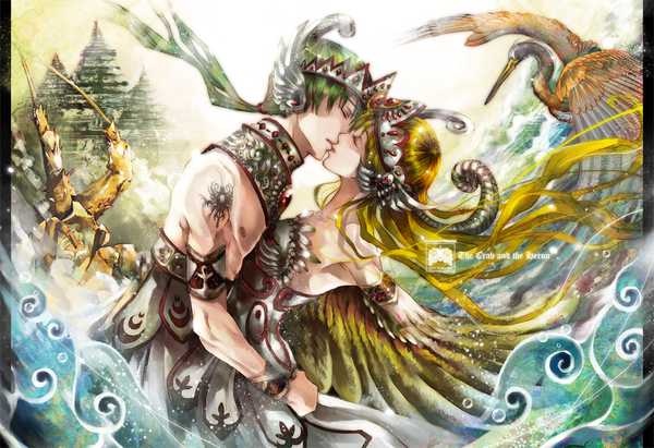 Anime picture 1024x702 with original ryuuka-nagare long hair blonde hair bare shoulders eyes closed profile green hair wind tattoo couple hug face to face kiss girl boy animal wings headdress bird (birds)