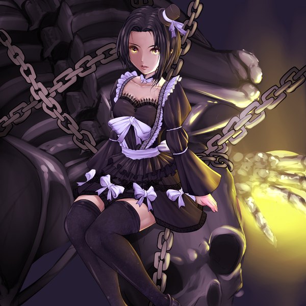 Anime picture 1199x1199 with original harihisa single looking at viewer short hair sitting yellow eyes parted lips skeleton girl thighhighs dress black thighhighs hat black dress chain mini hat mini top hat