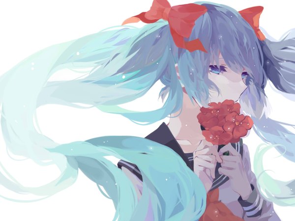 Anime picture 1600x1200 with vocaloid hatsune miku nz (smile yuting) single long hair simple background white background twintails looking away aqua eyes aqua hair girl uniform flower (flowers) bow hair bow serafuku