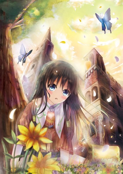 Anime picture 900x1274 with original hibari (artist) single long hair tall image looking at viewer blush open mouth blue eyes black hair girl dress flower (flowers) plant (plants) petals tree (trees) insect butterfly castle