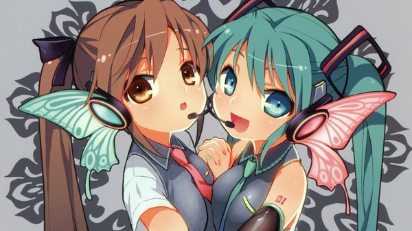 Anime picture 1920x1080 with vocaloid magnet (vocaloid) hatsune miku neko sakana long hair looking at viewer blush fringe highres open mouth blue eyes simple background smile brown hair wide image twintails multiple girls brown eyes nail polish fingernails