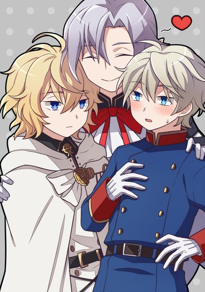 Anime picture 563x800 with owari no seraph aldnoah.zero a-1 pictures wit studio slaine troyard hyakuya mikaela ferid bathory patapata0o tall image blush fringe short hair open mouth blue eyes blonde hair smile hair between eyes looking away ahoge eyes closed