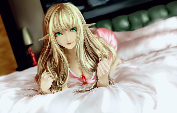 Anime picture 1920x1235 with final fantasy final fantasy xiv square enix elezen rexsoundhorizon single long hair fringe highres breasts light erotic blonde hair smile green eyes looking away cleavage indoors pointy ears blurry lipstick