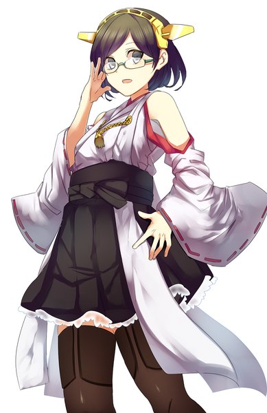 Anime picture 800x1233 with kantai collection kirishima battleship ashiwara yuu single tall image looking at viewer short hair open mouth black hair simple background white background traditional clothes silver eyes nontraditional miko girl hair ornament glasses thigh boots
