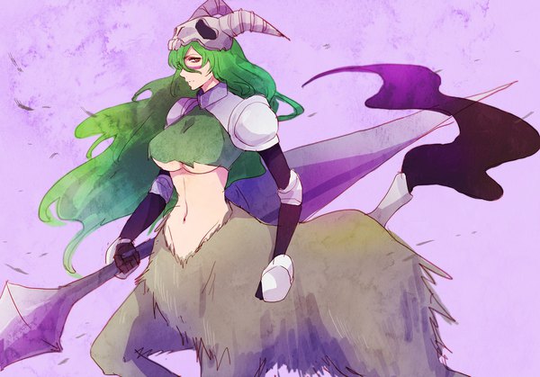 Anime picture 1182x827 with bleach studio pierrot nelliel tu odelschwanck ronisuke single long hair looking at viewer fringe breasts light erotic hair between eyes large breasts standing profile horn (horns) orange eyes purple background face paint espada girl