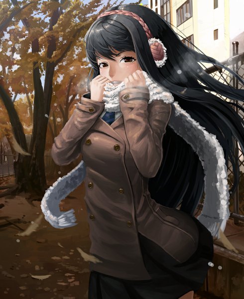 Anime picture 735x900 with kiseijuu kimishima kana tanukimaso single long hair tall image fringe black hair smile brown eyes wind exhalation girl skirt plant (plants) tree (trees) necktie headphones scarf leaf (leaves)