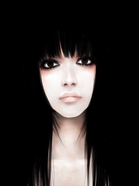 Anime picture 1050x1400 with original kuro chiikawa single long hair tall image looking at viewer fringe black hair simple background brown eyes lips realistic black background portrait face girl