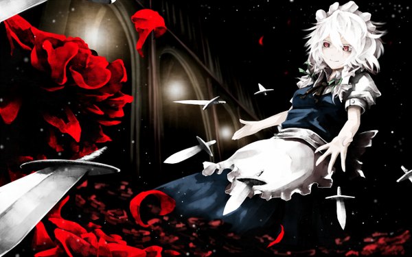 Anime picture 1280x800 with touhou izayoi sakuya fujinohara akihira single fringe smile red eyes wide image looking away sky white hair braid (braids) maid twin braids light girl uniform hair ornament bow weapon