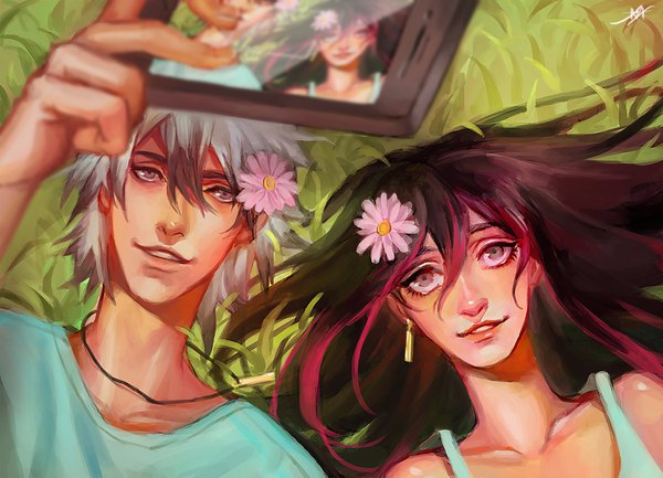 Anime picture 1800x1301 with original afternoontm long hair fringe highres short hair black hair hair between eyes signed pink hair upper body parted lips multicolored hair hair flower grey hair two-tone hair grey eyes streaked hair couple self shot