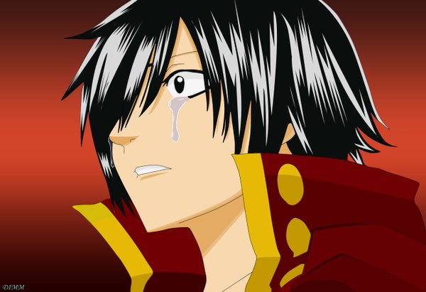 Anime picture 2627x1800 with fairy tail zeref dimm10 single highres short hair black hair simple background black eyes tears portrait face vector boy choker